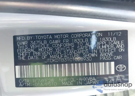 2012 Toyota Prius C Two z USA, uszkodzony, nr VIN JTDKDTB31C1028930